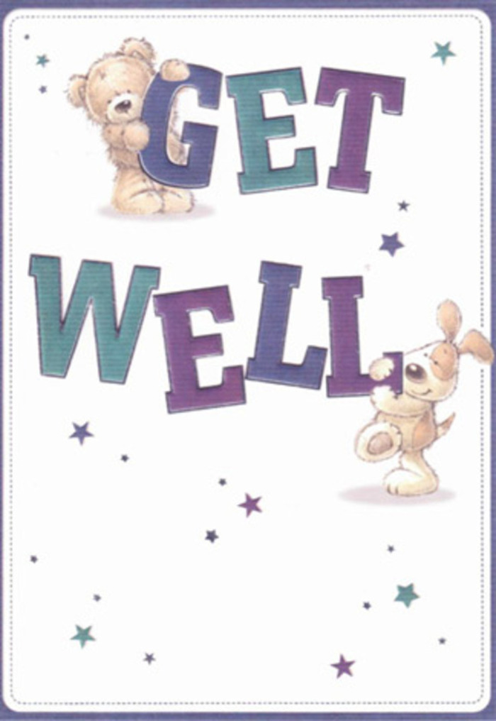 A celebration of care and gentle hope, this get well card's illustrated scene brings to mind the joys and comforts that ripple through Hounslow's welcoming streets. Playful stars in indigo, teal, and violet hues dance around a sweet teddy bear and affectionate puppy, as if the air is carrying wishes for health and happiness right along with the West London breeze. The large, expressive lettering-colored in confident shades of purple and aqua-anchors the composition, radiating reassurance much as a thoughtfully chosen bouquet brings solace to recovering friends near Hounslow Central. Every brushstroke creates tactile textures: the bear's downy-furred arms and the puppy's long, soft ears nearly beg to be touched, reminiscent of freshly gathered blooms cradled in tissue paper at a local flower shop. The crisp background evokes a sense of calm and cleanliness-like the first sunlight filtering through a window onto a newly arranged vase of blossoms. Whether sent alongside flowers from Hounslow Florist or on its own, this card gently lifts the spirits, offering a touch of innocence and heartfelt care with the same dedication found in every handcrafted arrangement prepared for the people of Hounslow.