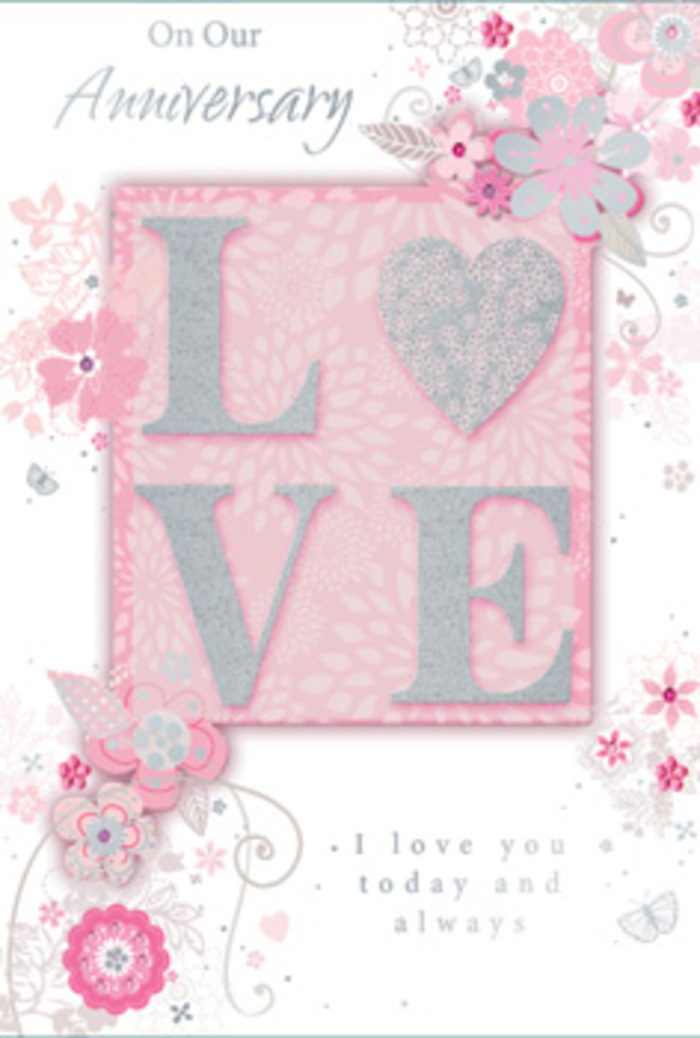Displayed as if ready to be tucked beside a bouquet delivered across Hounslow, this anniversary card glows with a gentle, romantic charm. At its heart is the word LOVE, printed in raised, frosted glitter that gives each letter a soft, crystalline texture, inviting the fingertips to linger. The shimmering surface catches the light like early sun over the flower stalls near Hounslow West, shifting subtly between pearly white and silver as you move. The letters rest on a wash of pale, blush pink, a background that seems to radiate a quiet warmth and tenderness. Around this focal point, a constellation of hand-drawn blooms, spray-like clusters, and fine leaves drifts across the card. The flowers, rendered in shades of blush, lilac-tinted pink, and creamy ivory, appear almost like a pencil-and-watercolour study a florist might sketch before crafting an anniversary bouquet for a couple living near Osterley. Delicate swirls, filigree lines, and graceful tendrils thread through the blossoms, giving the composition a sense of gentle motion, as if the floral motifs were slowly unfurling. In among the petals, you can just sense the presence of tiny, almost-hidden butterflies created with subtle line work, suggesting the light flutter of a heart still thrilled by long-lasting love. The printed sentiment, promising love today and always, is set in a refined, understated script that feels personal and heartfelt. Overall, the card looks and feels like a paper bouquet: soft, romantic, and thoughtfully composed, a fitting companion to anniversary flowers arranged by a trusted local Hounslow florist.