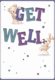 Brimming with uplifting energy, this get well card's design offers a joyful dose of comfort-perfect for brightening the day of someone resting in Hounslow. Two cheerful characters, a snuggly teddy and a playful puppy, almost bound out of the poppy, creamy-white card, tenderly supporting the bold, colorfully shaded letters of 'Get Well.' The vivid indigo and teal typography stands out prominently, like a fresh floral display catching the morning light in a shop along Staines Road. Scattered stars of blue and purple twinkle above and around the pair, conveying optimism and gentle encouragement, much like the feeling of receiving a thoughtfully curated bouquet when you need it most. The bear's fluffy fur and the puppy's velvety ears are so visibly soft and layered, it's easy to imagine the comforting feeling they'd provide-akin to the soothing embrace of fresh blooms arranged by an attentive local florist. This card's illustrated scene radiates hope, warmth, and genuine care, carrying heartfelt wishes across Hounslow's neighborhoods and creating a small yet meaningful celebration for whomever receives it.